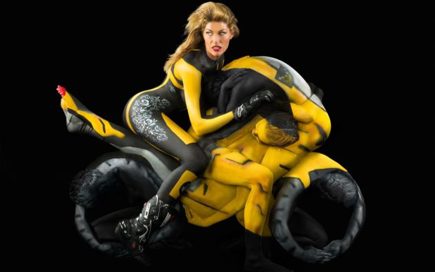 body paint, 6 babes, motorbike, blonde, bodyart