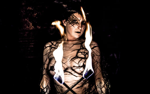 bodypainting, sexy, babe, fire, sticks, body art, tits
