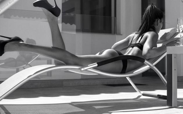 model, long hair, bikini, stilettos, lingerie, black and white, no nude, outdoors, ass, tanned, non nude, high heels