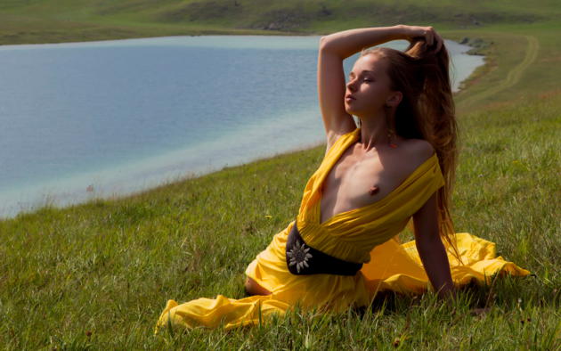 milena, yellow dress, dress, brunette, grass, lake, tits, milena d