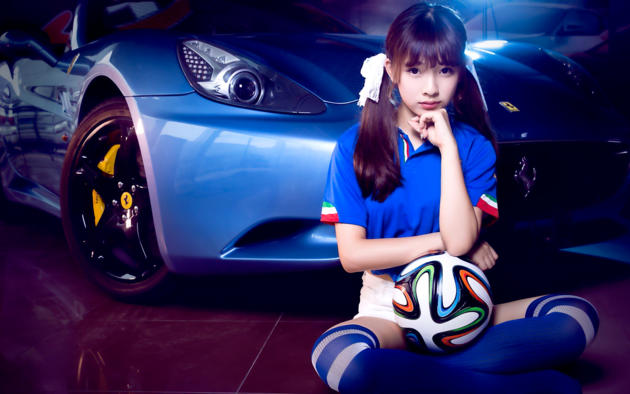 Asian, Model, Pretty, Ball, Knee Socks, Ferrari, Car, Football