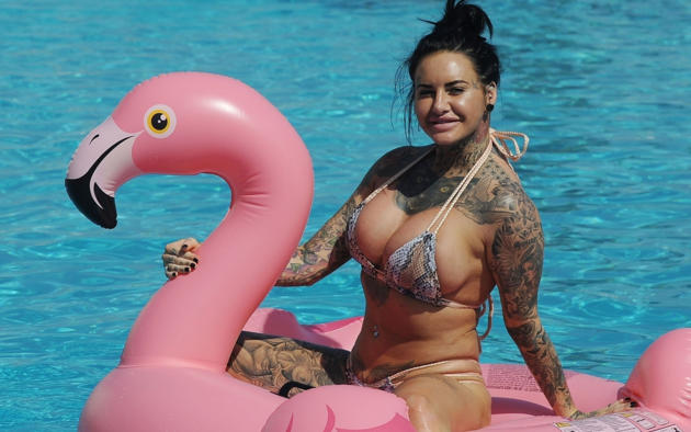 jemma lucy, black hair, tattoo, flamingo, smile, pool, boobs, big tits