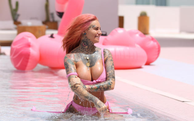 jemma lucy, pink hair, tattoo, bikini, wet, boobs, big tits, pink bikini, pool