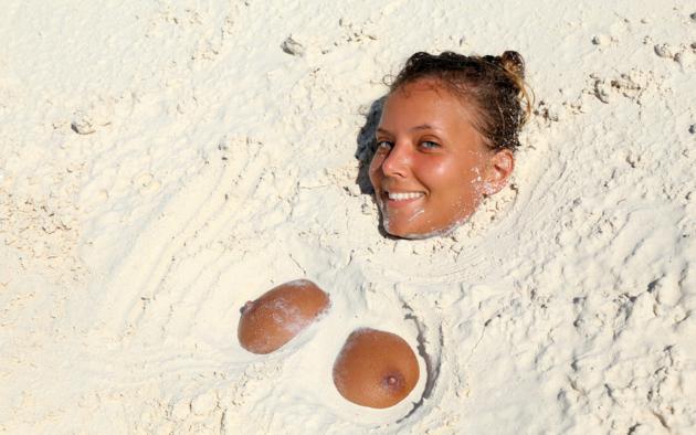 katya clover, clover, mango, caramel, mango a, beach, sand, buried, brunette, tanned, boobs, tits, nipples, smile, hi-q, white sand