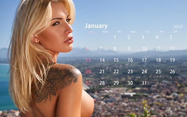 brigitta, blonde, outdoors, naked, tanned, boobs, big tits, nipples, tattoo, january, calendar