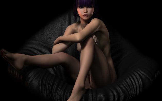 vector, sitting, leather, purple hair, boobs, bean bag, 3d, cg, 3d art, dark