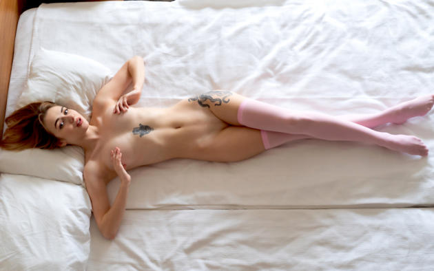 alice shea, akari y, kateryna g, natalie d, katy g, model, pussy, shaved pussy, pink stockings, stockings, tattoo, bed, bedroom, soft focus, nude, pillows