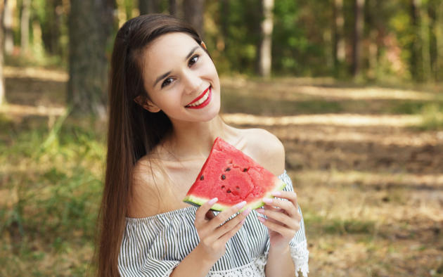 leona mia, cute, brunette, forest, long hair, outdoors, skinny, teen, watermelon, smile, red lips, sexy