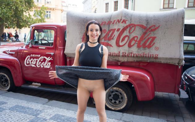 petra n, brunette, coca cola, truck, ford, dress, flashing, no panties, shaved pussy, labia, smile, hi-q