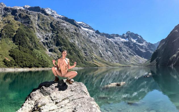 lily adams, brunette, pigtails, mountains, lake, panorama, wide angle, naked, boobs, big tits, nipples, shaved pussy, labia, squatting, spread legs, boots, smile, hi-q
