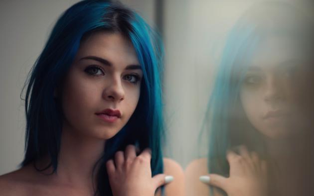 ivy blue, girls, sexy, eyes, blue hair, lips, face, reflection