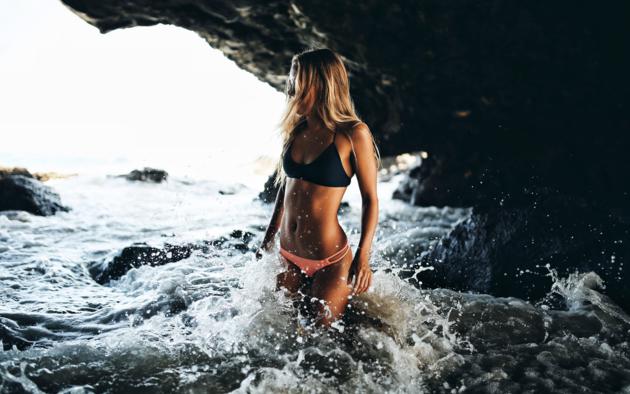 blonde, athletic, bikini, cave, wet, sea
