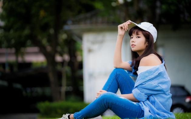 asian, sweet, cute, girl, cap, brunette, jeans