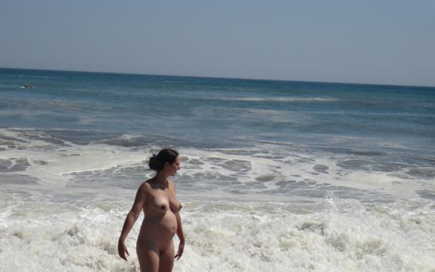 pregnant, nude, beach, sea, ocean, boobs, tits, puffy nipples, bad quality, amateur