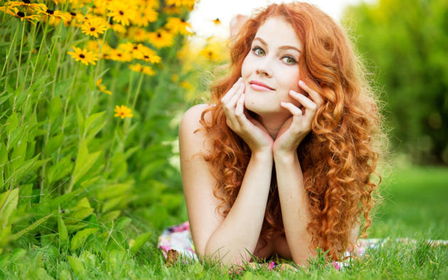 adel c, smile, sexy, 4k, nude, redhead, grass, flowers, heidi romanova, vanessa, heidi r, strategic covering