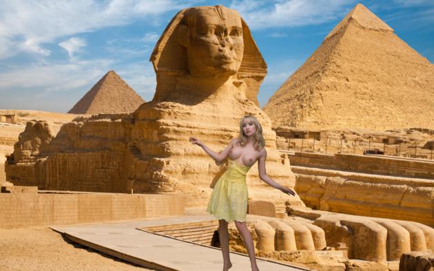 lia, blonde, egypt, sphinx, giza, dress, topless, boobs, big tits, nipples, hi-q