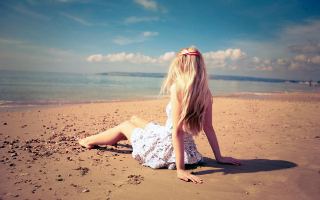 white dress, blonde, non nude, long hair, sea, beach, dress