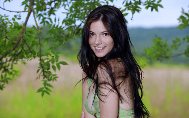 aleksandrina, cute, teen, black hair, tree, lingerie, outdoors, pale skin, bra, green bra, smile