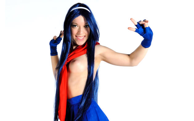 blue hair, long hair, smile, tits, nipples, skirt, halloween costume