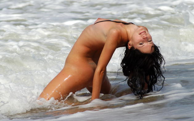 waves, black hair, naked, nude, tanned, sea, beach, wet, brunette, small tits, nipples, ass