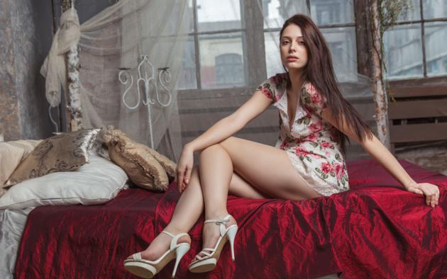 isabella, brunette, legs, feet, high heels, dress, sexy, bed