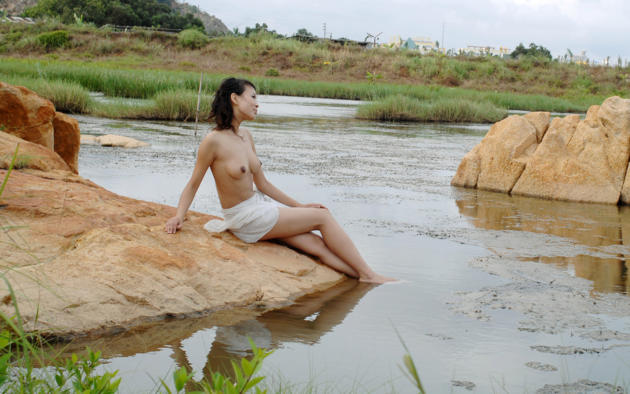 brunette, outdoor, water, rocks, topless, asian, tits, dark nipples, legs