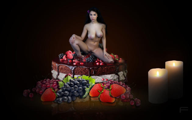 evita lima, fantasy, pussy, brunette, tits, boobs, nipples, trimmed, vagina, nude, spreading legs, sexy, celebration, cake, fruits, candle