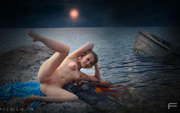 nikia a, fantasy, girls, teen, pussy, brunette, tits, nude, smile, violin, boat, light, young, lighthouse