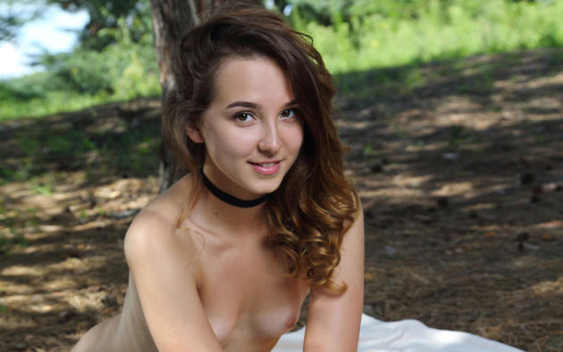 milana g, brunette, long hair, outdoor, small tits, nipples, smile