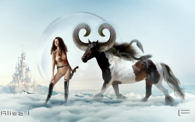 alisa i, fantasy, wallpaper, girl, young, babe, beauty, hot, brunette, natural, model, sexy, boobs, tits, nipples, pussy, shaved, legs, smile, horse, pistol, warrior, clouds, sky