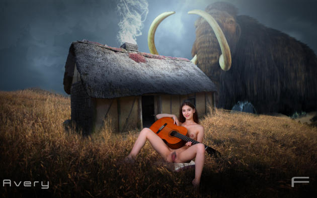 avery, fantasy, girl, teen, young, cute, lovely, brunette, nude, sexy, tits, vagina, pussy, labia, trimmed, legs, grass land, smile, outdoor, hut, guiter, pillow, mammoth, smoke