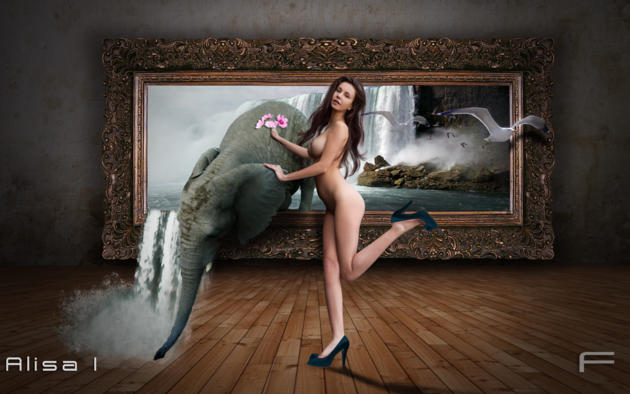 alisa i, alisa, fantasy, girl, young, cute, beauty, hot, brunette, model, nude, sexy, boobs, breast, tits, legs, high heels, smile, elephant, bird, water fall, standing