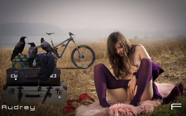 audrey, fantasy, xxx walls, girl, brunette, sexy, tits, vagina, pussy, shaved, outdoor, suitcase, craw, bicycle