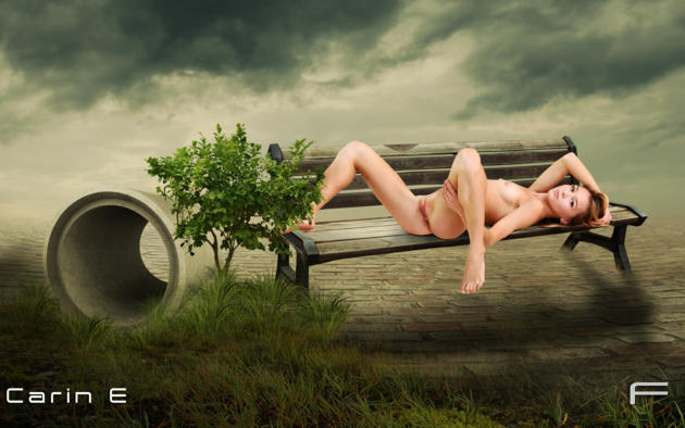 carin e, fantasy, girl, young, cute, brunette, natural, model, nude, sexy, tits, vagina, pussy, labia, legs, outdoor, bench