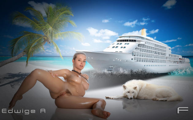 edwige a, wallpaper, girl, babe, lovely, model, nude, sexy, boobs, tits, vagina, pussy, labia, trimmed, legs, sea shore, reflection, ship, dog, cruise ship