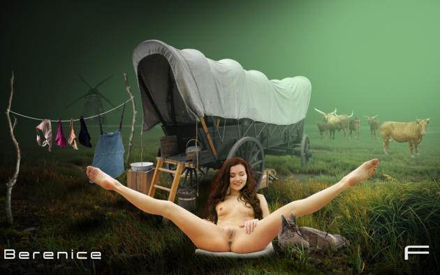 berenice, fantasy, girl, teen, babe, cute, beauty, hot, brunette, natural, model, nude, porn, sexy, tits, nipples, ass, butt, vagina, pussy, labia, legs, smile, cow, farm, field, grass land, wagon, spread eagle