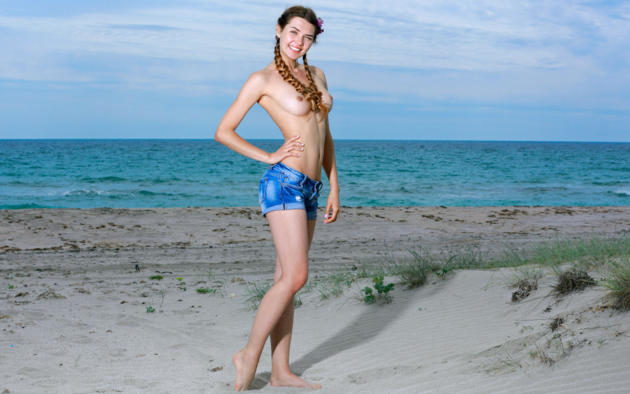 polina kadynskaya, brunette, braids, topless, denim shorts, sand, smile, boobs, tits, nipples, jeans shorts, sea, beach