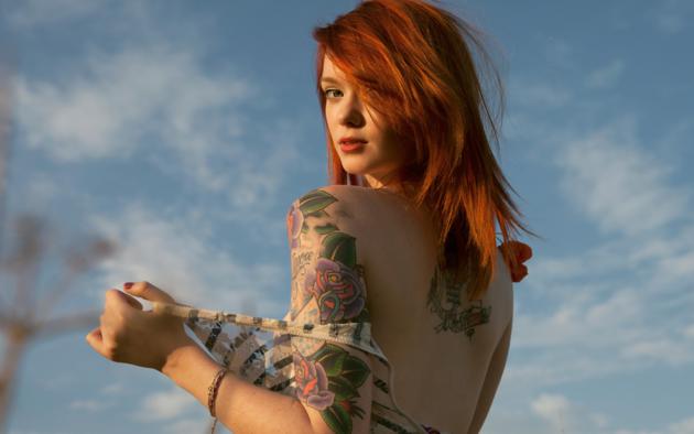 lass, outside, sunset, undressing, tattoos, redhead, tattoo, back