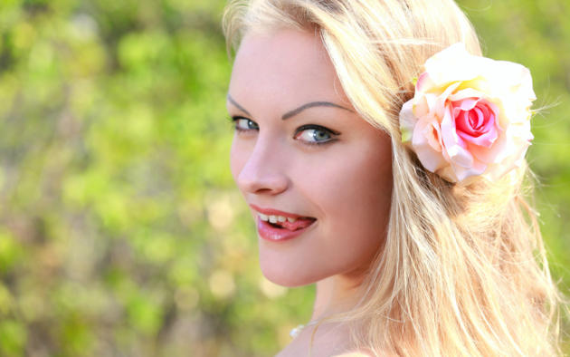 alessandra a, blonde, flower, eye contact, smile