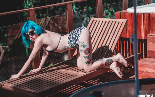 ana vohs, blue hair, non nude, outdoors, sunglasses, tattoo