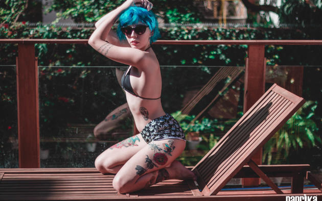 ana vohs, blue hair, non nude, sunglasses, tattoo