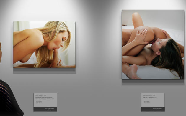 art gallery, picture frame, lesbian, blowjob