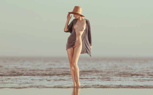 beach, hat, boobs, tits, smooth pussy, thigh gap, art, sea, shaved pussy, skinny