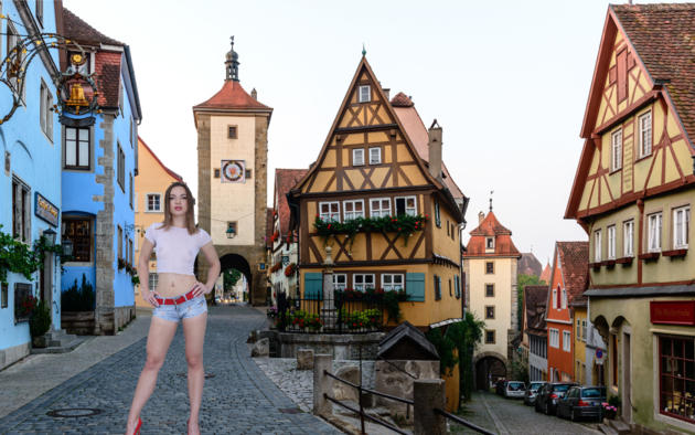 lilit sweet, outdoors, town, rothenburg, germany, non nude, shorts, shirt, transparent, boobs, tits, nipples, high heels, hi-q, brunette