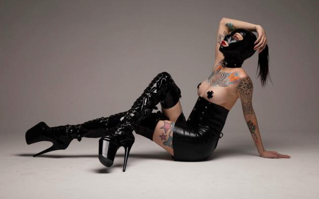 connie, young, slim, tattoo, suicide girl, shiny, latex, hood, erotic, posing, pvc, overknee boots, red lips, nipple tape, tits