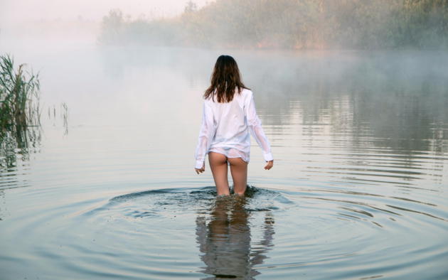 lake, beautiful model, lovely view, ass, blouse, wet, fog, pond, river