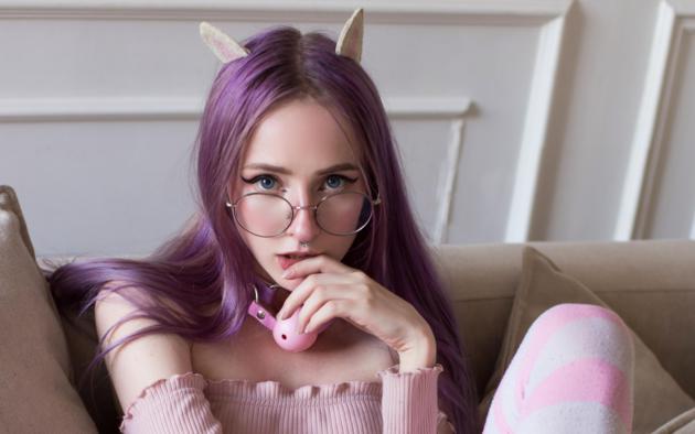 suicide girls, alternative, kitten ears, purple hair, sexy, face, glasses, colored hair, hi-q