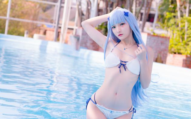 fantasy factory, blue bikini, pool, blue hair, bikini, cosplay, asian, sexy