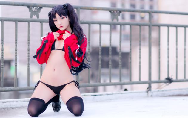 fantasy factory, red jacket, stockings, bikini, rin gozaka, rin, black stockings, black bikini, asian