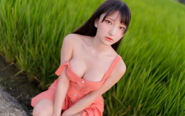 fantasy factory, grass, cleavage, innocent, boobs, tits, asian, brunette, dress, komachi